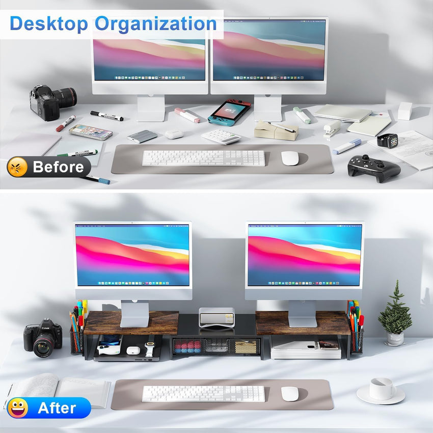 gianotter Dual Monitor Stand Riser, Desk Organizer With Drawer and 2 Pen Holders, Computer Monitor Stand, Desk Shelf for Top of Desk, Balck - 7DAY'S
