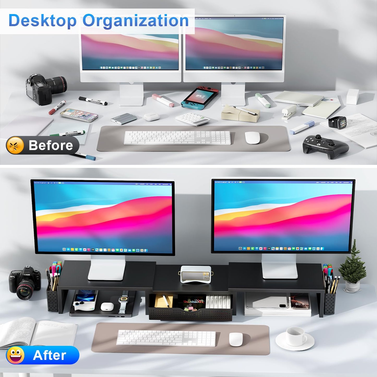 gianotter Dual Monitor Stand Riser, Desk Organizer With Drawer and 2 Pen Holders, Computer Monitor Stand, Desk Shelf for Top of Desk, Balck - 7DAY'S