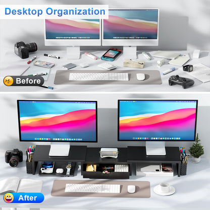 gianotter Dual Monitor Stand Riser, Desk Organizer With Drawer and 2 Pen Holders, Computer Monitor Stand, Desk Shelf for Top of Desk, Balck - 7DAY'S