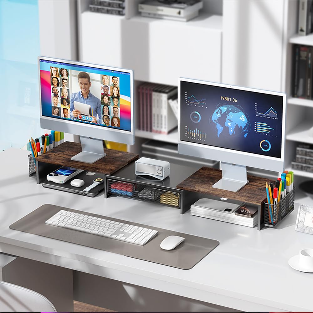 gianotter Dual Monitor Stand Riser, Desk Organizer With Drawer and 2 Pen Holders, Computer Monitor Stand, Desk Shelf for Top of Desk, Balck - 7DAY'S