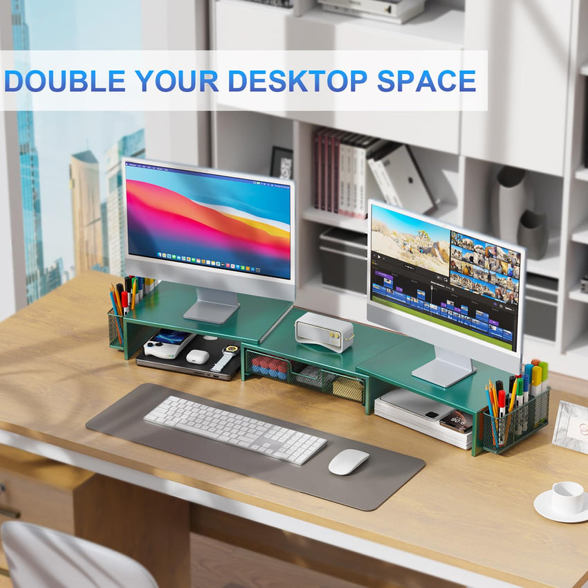 gianotter Dual Monitor Stand Riser, Desk Organizer With Drawer and 2 Pen Holders, Computer Monitor Stand, Desk Shelf for Top of Desk, Balck - 7DAY'S