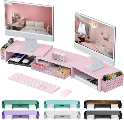 gianotter Dual Monitor Stand Riser, Desk Organizer With Drawer and 2 Pen Holders, Computer Monitor Stand, Desk Shelf for Top of Desk, Balck - 7DAY'S