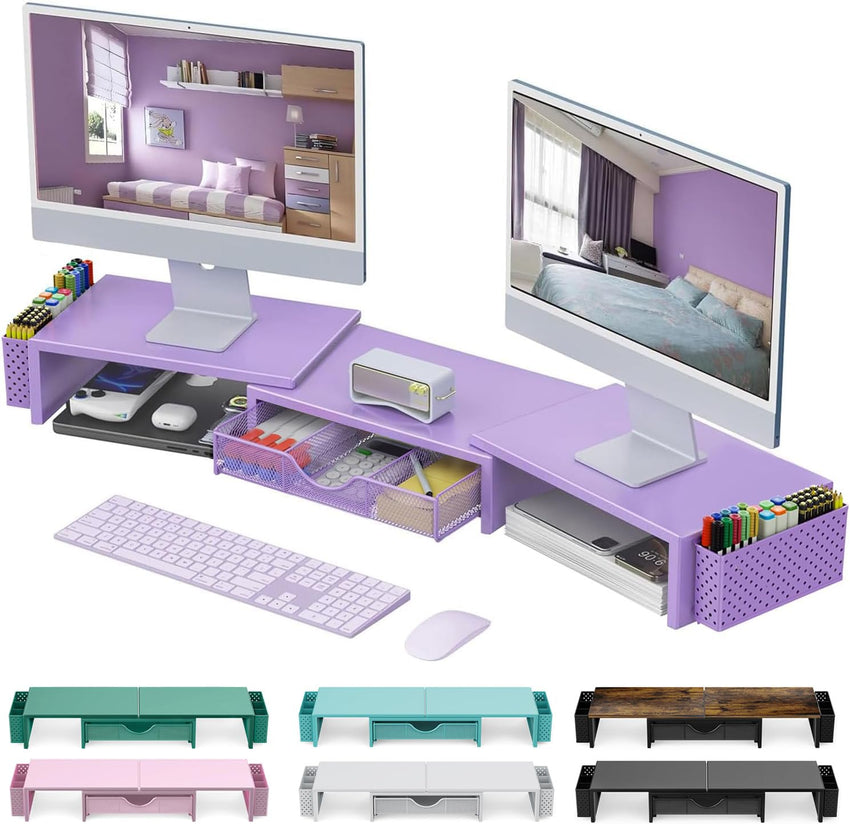 gianotter Dual Monitor Stand Riser, Desk Organizer With Drawer and 2 Pen Holders, Computer Monitor Stand, Desk Shelf for Top of Desk, Balck - 7DAY'S