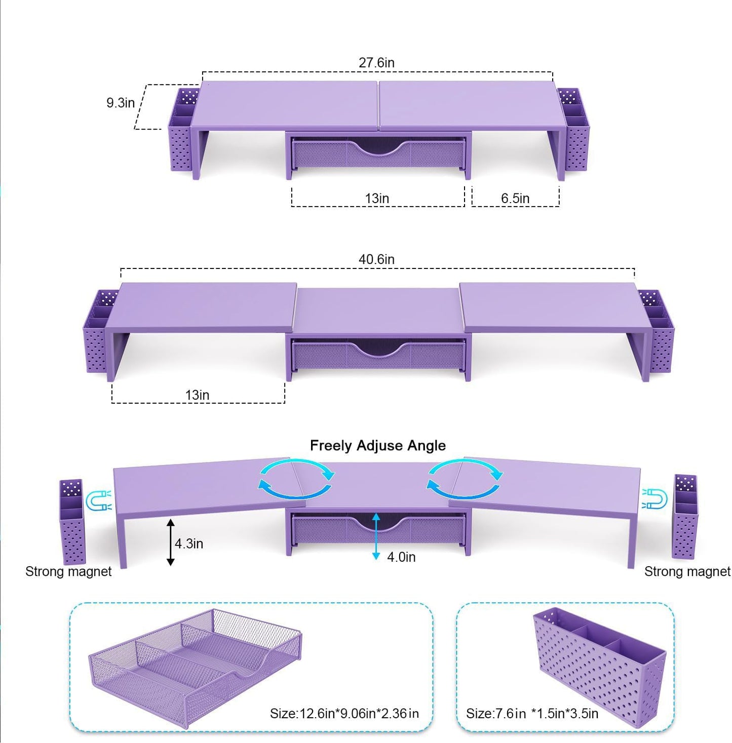 gianotter Dual Monitor Stand Riser, Desk Organizer With Drawer and 2 Pen Holders, Computer Monitor Stand, Desk Shelf for Top of Desk, Balck - 7DAY'S