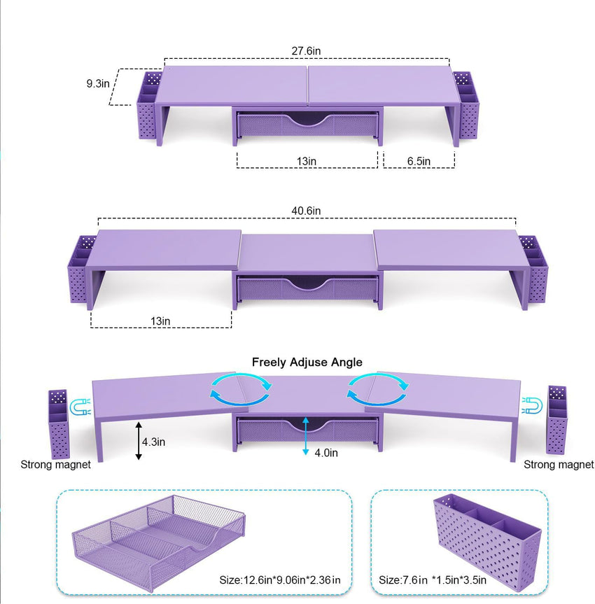gianotter Dual Monitor Stand Riser, Desk Organizer With Drawer and 2 Pen Holders, Computer Monitor Stand, Desk Shelf for Top of Desk, Balck - 7DAY'S