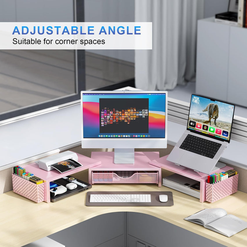 gianotter Dual Monitor Stand Riser, Desk Organizer With Drawer and 2 Pen Holders, Computer Monitor Stand, Desk Shelf for Top of Desk, Balck - 7DAY'S