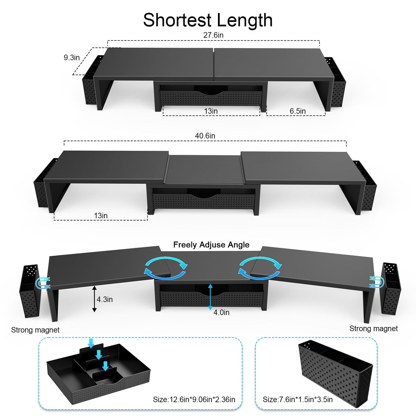 gianotter Dual Monitor Stand Riser, Desk Organizer With Drawer and 2 Pen Holders, Computer Monitor Stand, Desk Shelf for Top of Desk, Balck - 7DAY'S