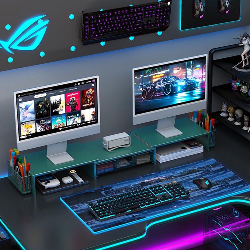 gianotter Dual Monitor Stand Riser, Desk Organizer With Drawer and 2 Pen Holders, Computer Monitor Stand, Desk Shelf for Top of Desk, Balck - 7DAY'S