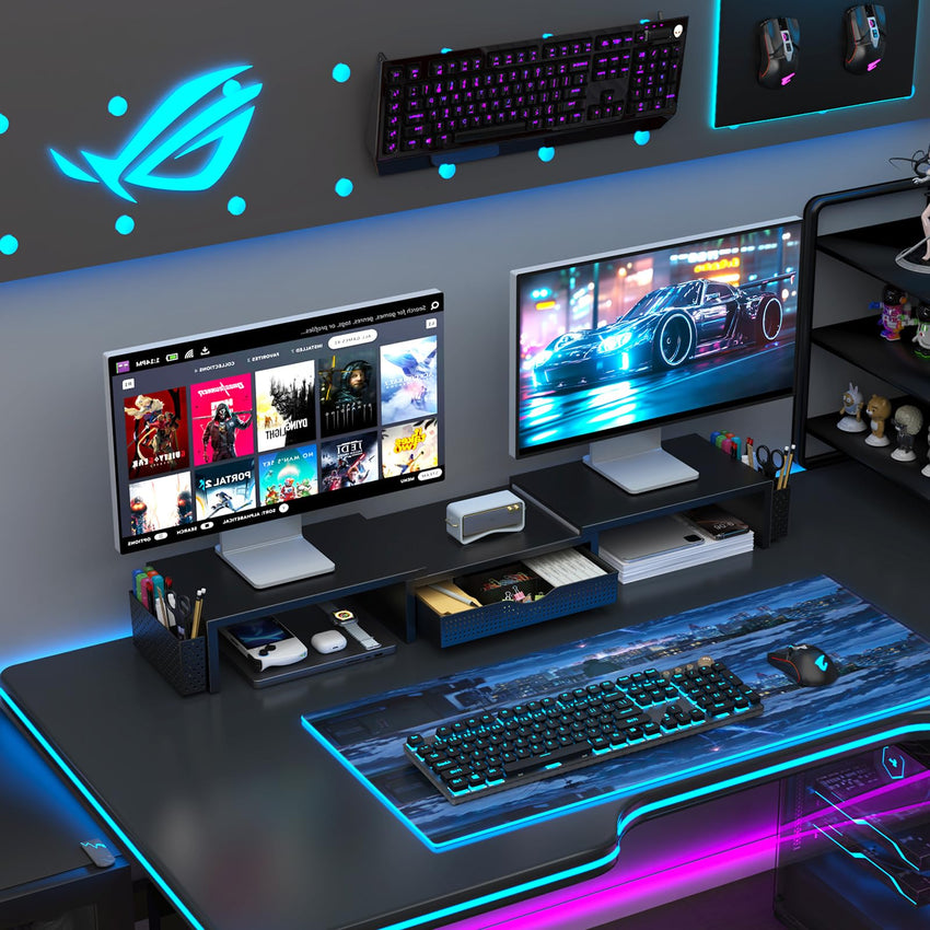 gianotter Dual Monitor Stand Riser, Desk Organizer With Drawer and 2 Pen Holders, Computer Monitor Stand, Desk Shelf for Top of Desk, Balck - 7DAY'S