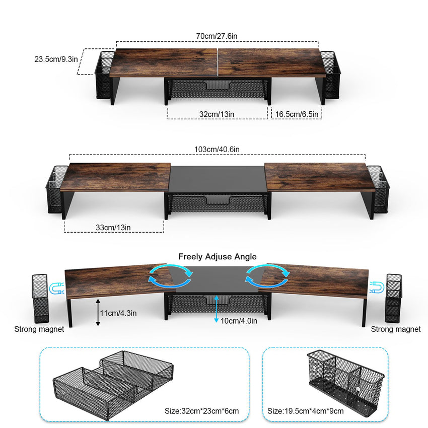 gianotter Dual Monitor Stand Riser, Desk Organizer With Drawer and 2 Pen Holders, Computer Monitor Stand, Desk Shelf for Top of Desk, Balck - 7DAY'S