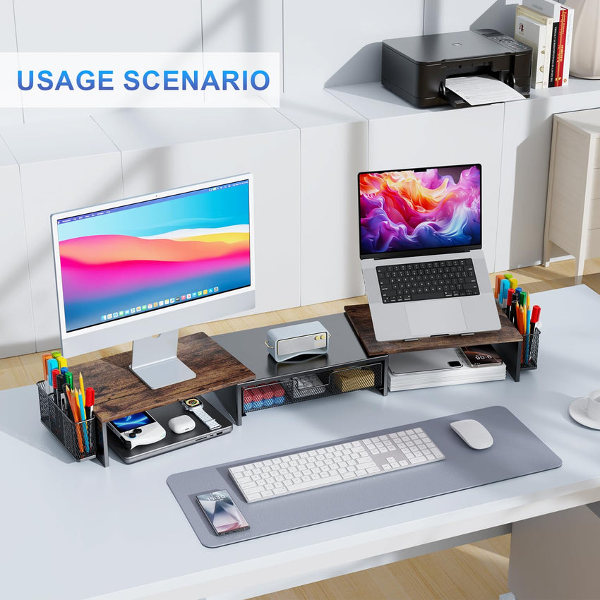 gianotter Dual Monitor Stand Riser, Desk Organizer With Drawer and 2 Pen Holders, Computer Monitor Stand, Desk Shelf for Top of Desk, Balck - 7DAY'S