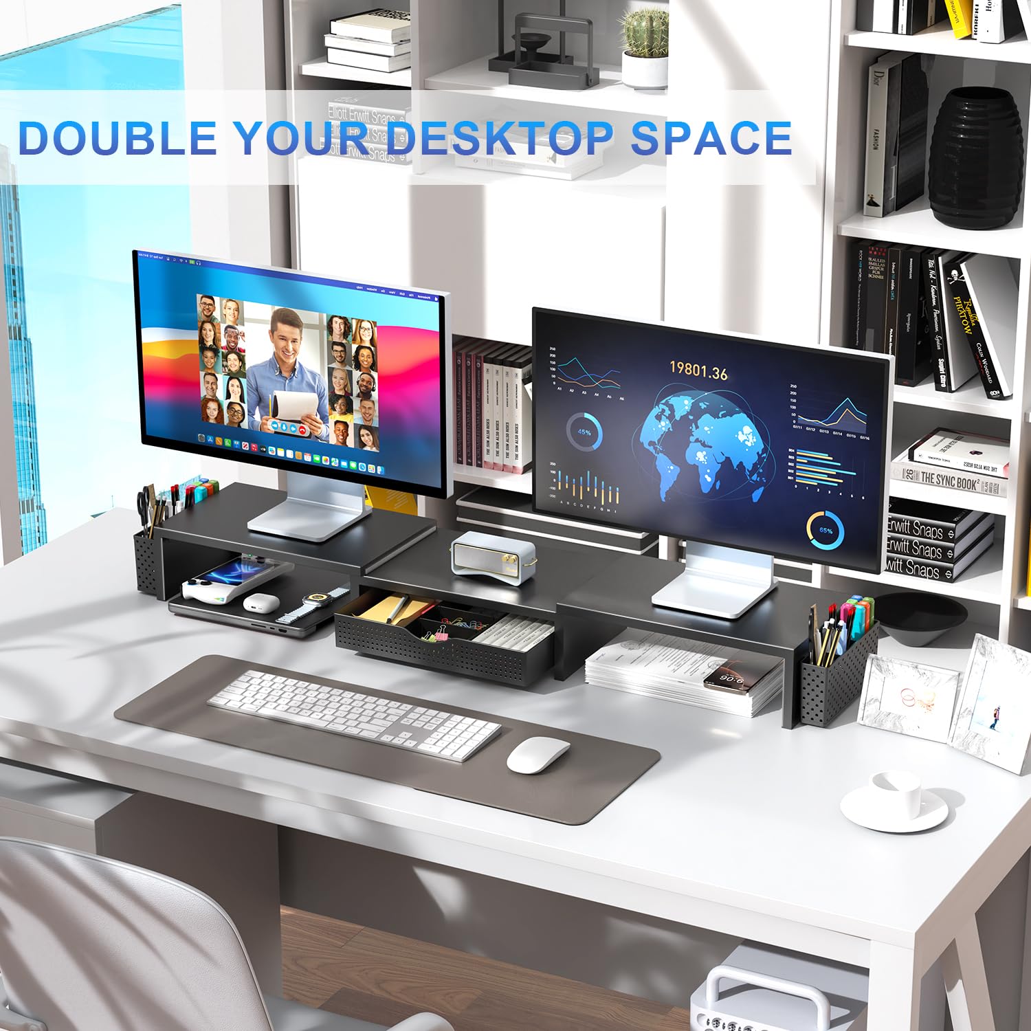 gianotter Dual Monitor Stand Riser, Desk Organizer With Drawer and 2 Pen Holders, Computer Monitor Stand, Desk Shelf for Top of Desk, Balck - 7DAY'S
