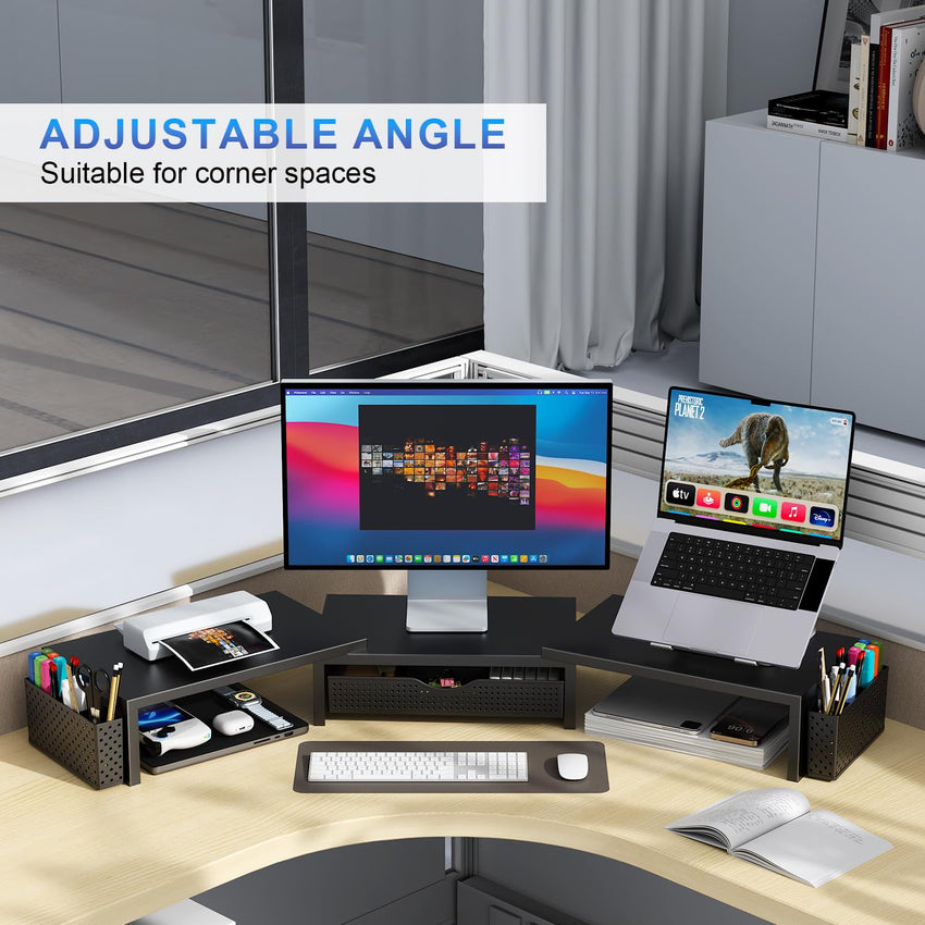 gianotter Dual Monitor Stand Riser, Desk Organizer With Drawer and 2 Pen Holders, Computer Monitor Stand, Desk Shelf for Top of Desk, Balck - 7DAY'S