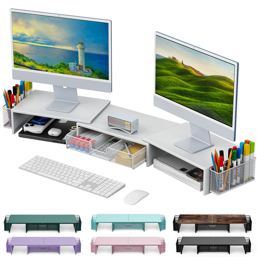 gianotter Dual Monitor Stand Riser, Desk Organizer With Drawer and 2 Pen Holders, Computer Monitor Stand, Desk Shelf for Top of Desk, Balck - 7DAY'S