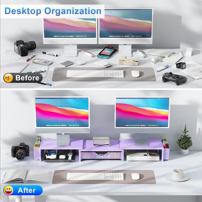 gianotter Dual Monitor Stand Riser, Desk Organizer With Drawer and 2 Pen Holders, Computer Monitor Stand, Desk Shelf for Top of Desk, Balck - 7DAY'S