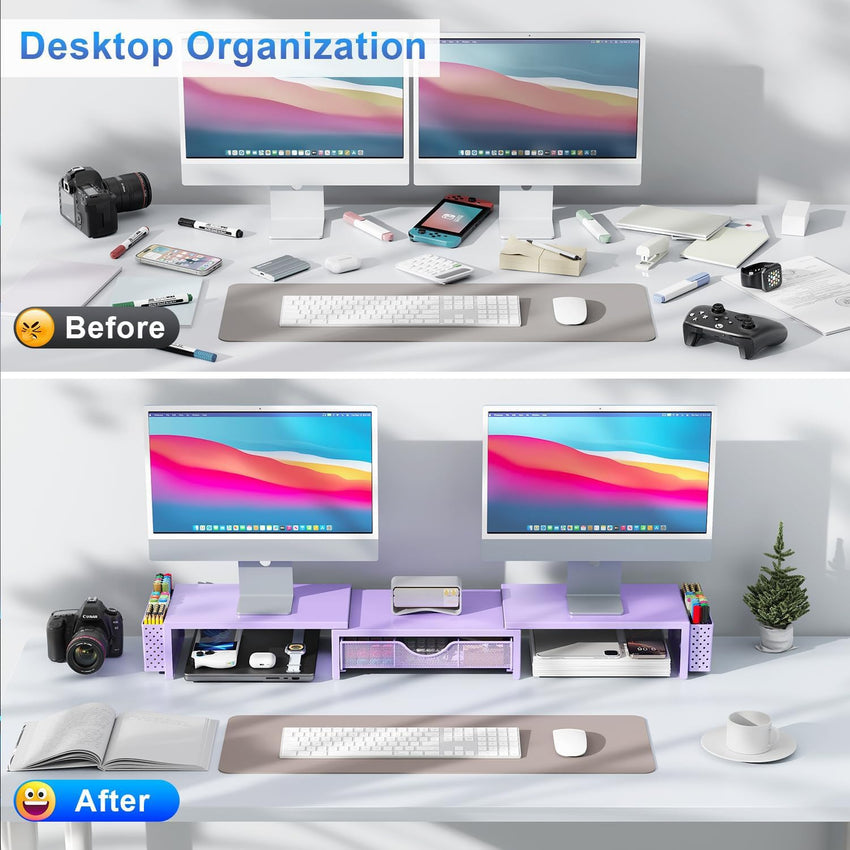 gianotter Dual Monitor Stand Riser, Desk Organizer With Drawer and 2 Pen Holders, Computer Monitor Stand, Desk Shelf for Top of Desk, Balck - 7DAY'S