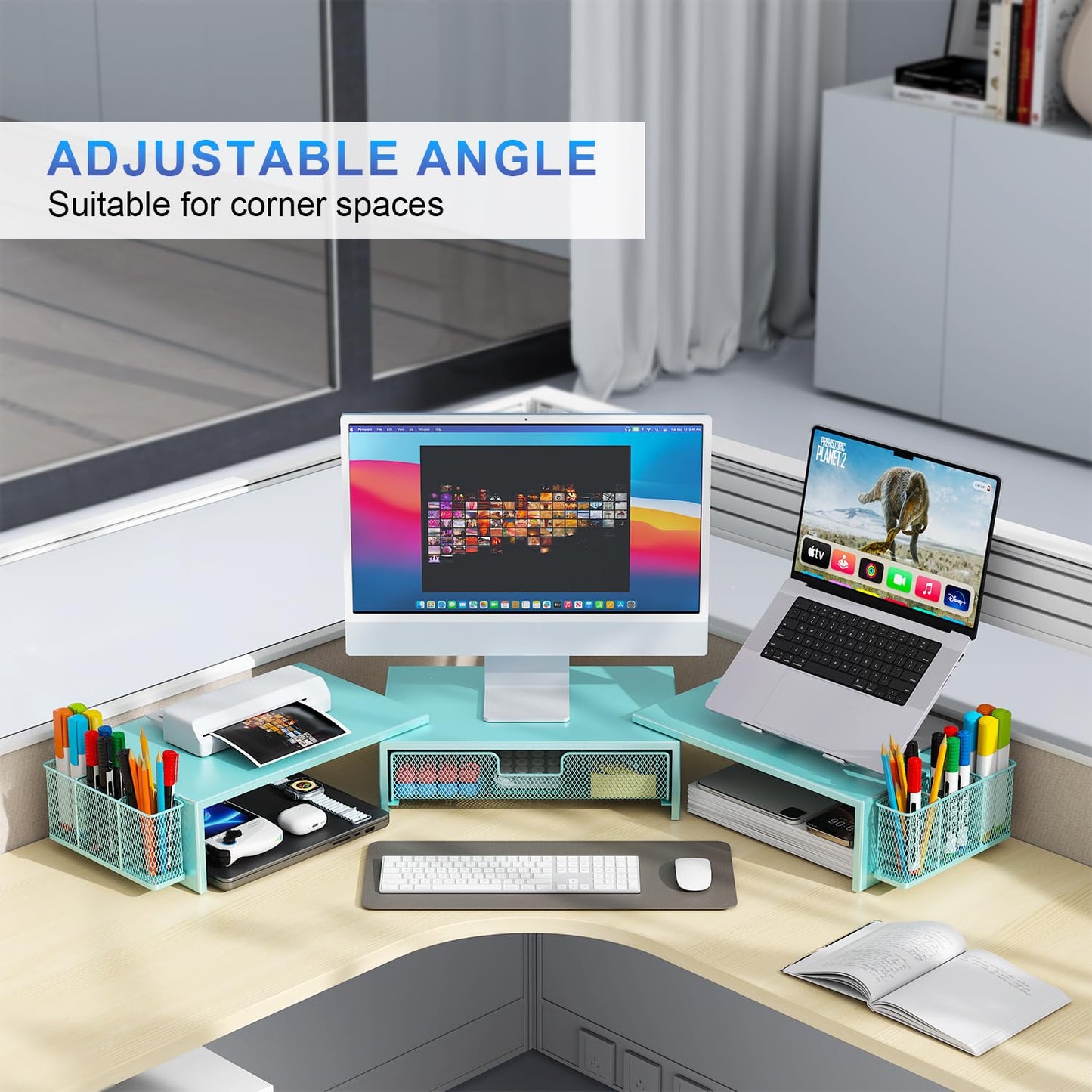 gianotter Dual Monitor Stand Riser, Desk Organizer With Drawer and 2 Pen Holders, Computer Monitor Stand, Desk Shelf for Top of Desk, Balck - 7DAY'S