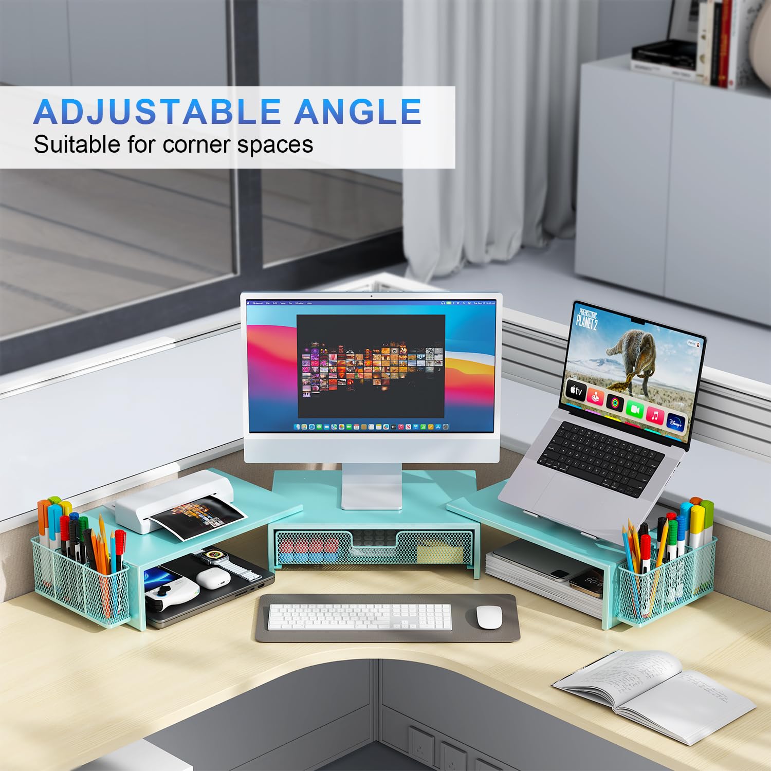 gianotter Dual Monitor Stand Riser, Desk Organizer With Drawer and 2 Pen Holders, Computer Monitor Stand, Desk Shelf for Top of Desk, Balck - 7DAY'S