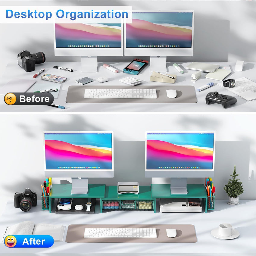 gianotter Dual Monitor Stand Riser, Desk Organizer With Drawer and 2 Pen Holders, Computer Monitor Stand, Desk Shelf for Top of Desk, Balck - 7DAY'S