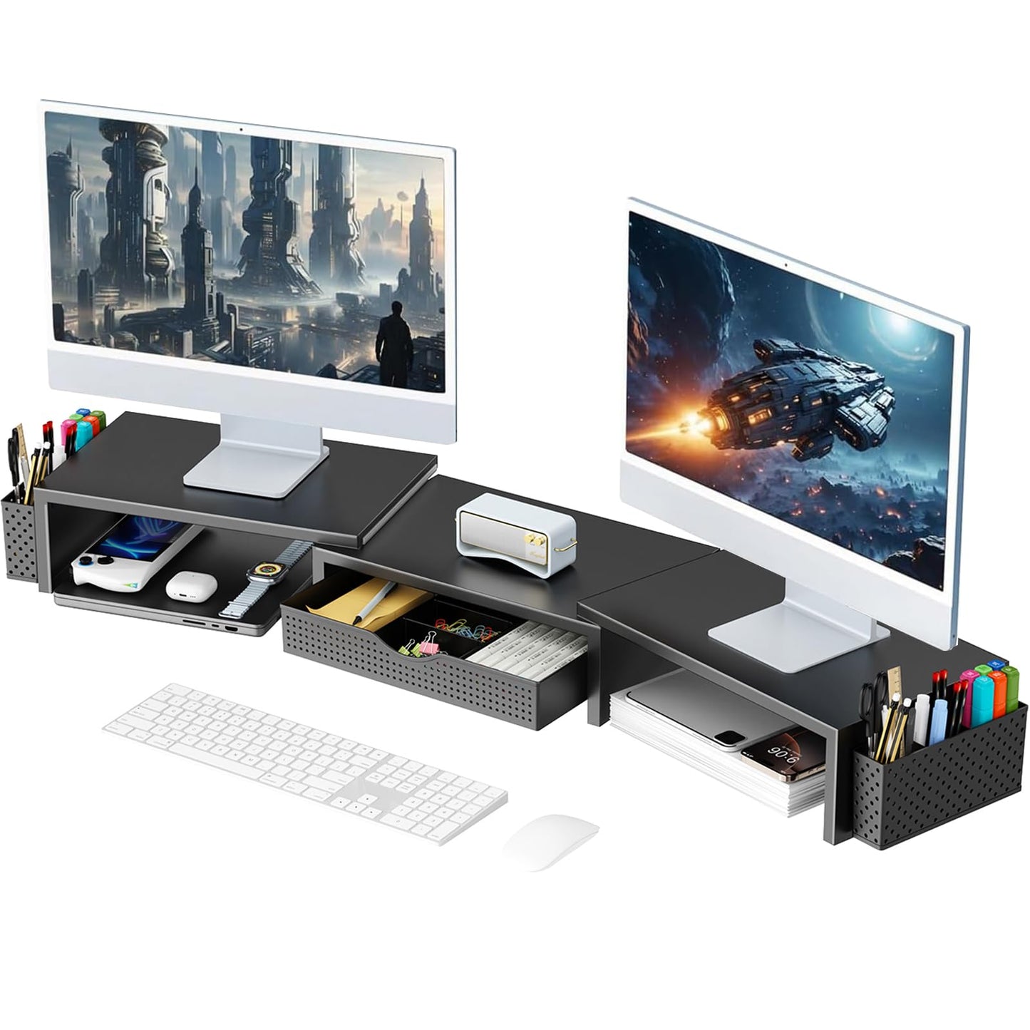 gianotter Dual Monitor Stand Riser, Desk Organizer With Drawer and 2 Pen Holders, Computer Monitor Stand, Desk Shelf for Top of Desk, Balck - 7DAY'S