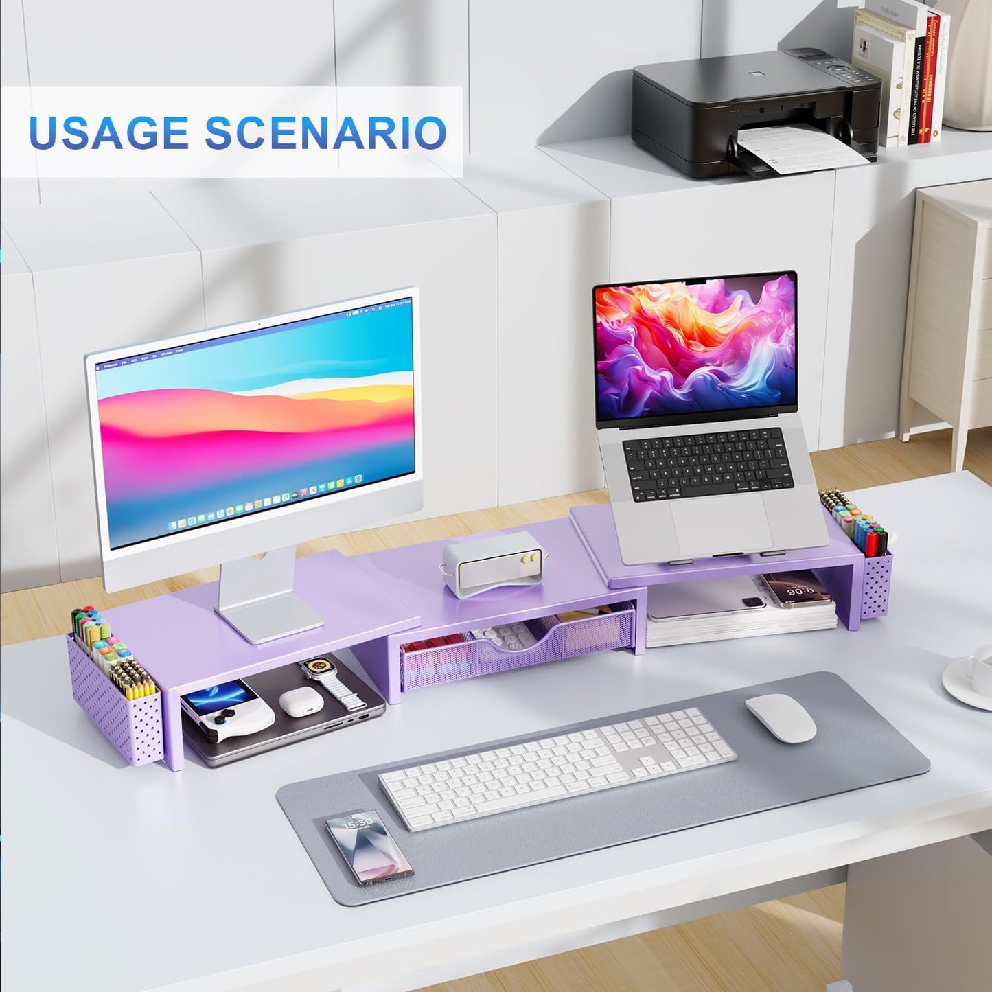 gianotter Dual Monitor Stand Riser, Desk Organizer With Drawer and 2 Pen Holders, Computer Monitor Stand, Desk Shelf for Top of Desk, Balck - 7DAY'S