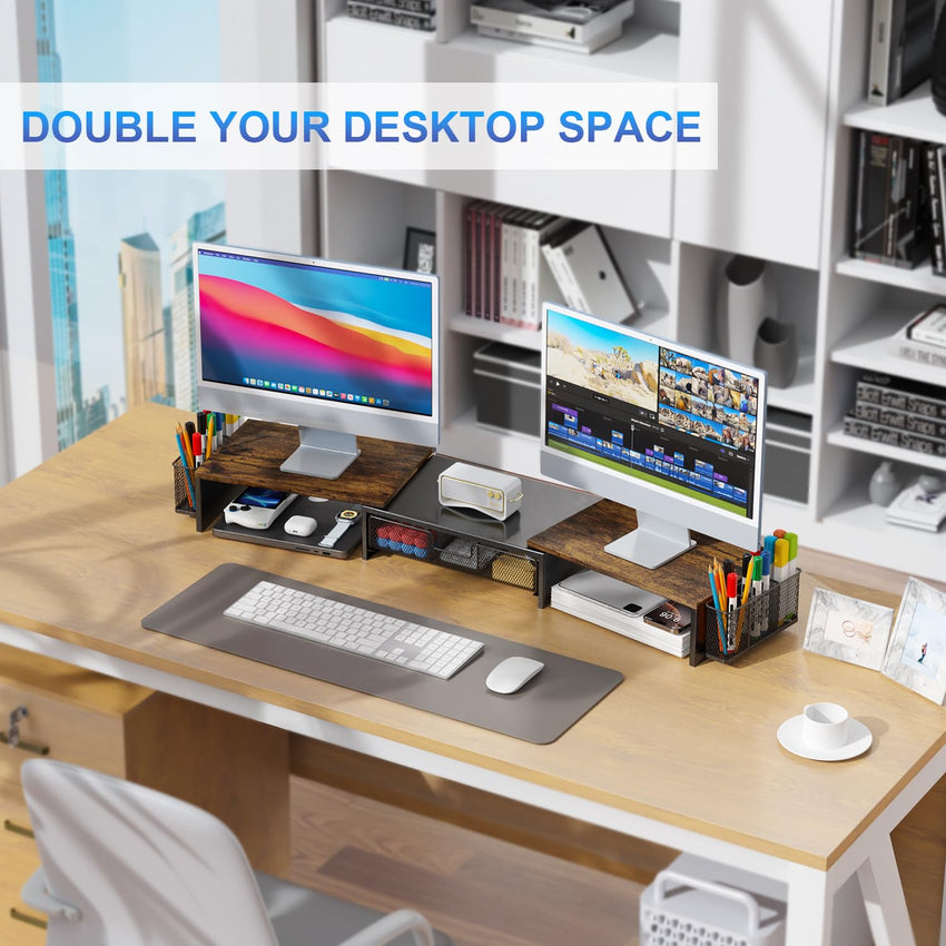 gianotter Dual Monitor Stand Riser, Desk Organizer With Drawer and 2 Pen Holders, Computer Monitor Stand, Desk Shelf for Top of Desk, Balck - 7DAY'S