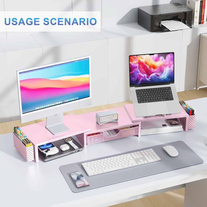 gianotter Dual Monitor Stand Riser, Desk Organizer With Drawer and 2 Pen Holders, Computer Monitor Stand, Desk Shelf for Top of Desk, Balck - 7DAY'S