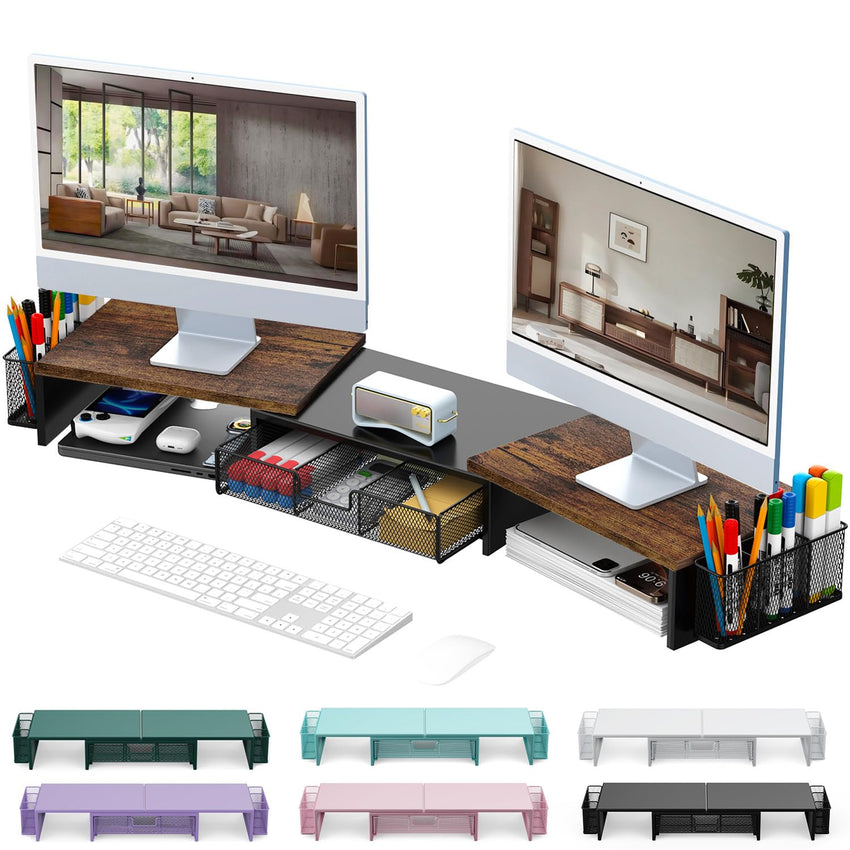gianotter Dual Monitor Stand Riser, Desk Organizer With Drawer and 2 Pen Holders, Computer Monitor Stand, Desk Shelf for Top of Desk, Balck - 7DAY'S