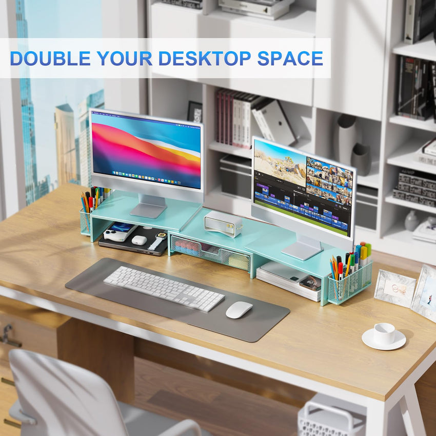 gianotter Dual Monitor Stand Riser, Desk Organizer With Drawer and 2 Pen Holders, Computer Monitor Stand, Desk Shelf for Top of Desk, Balck - 7DAY'S