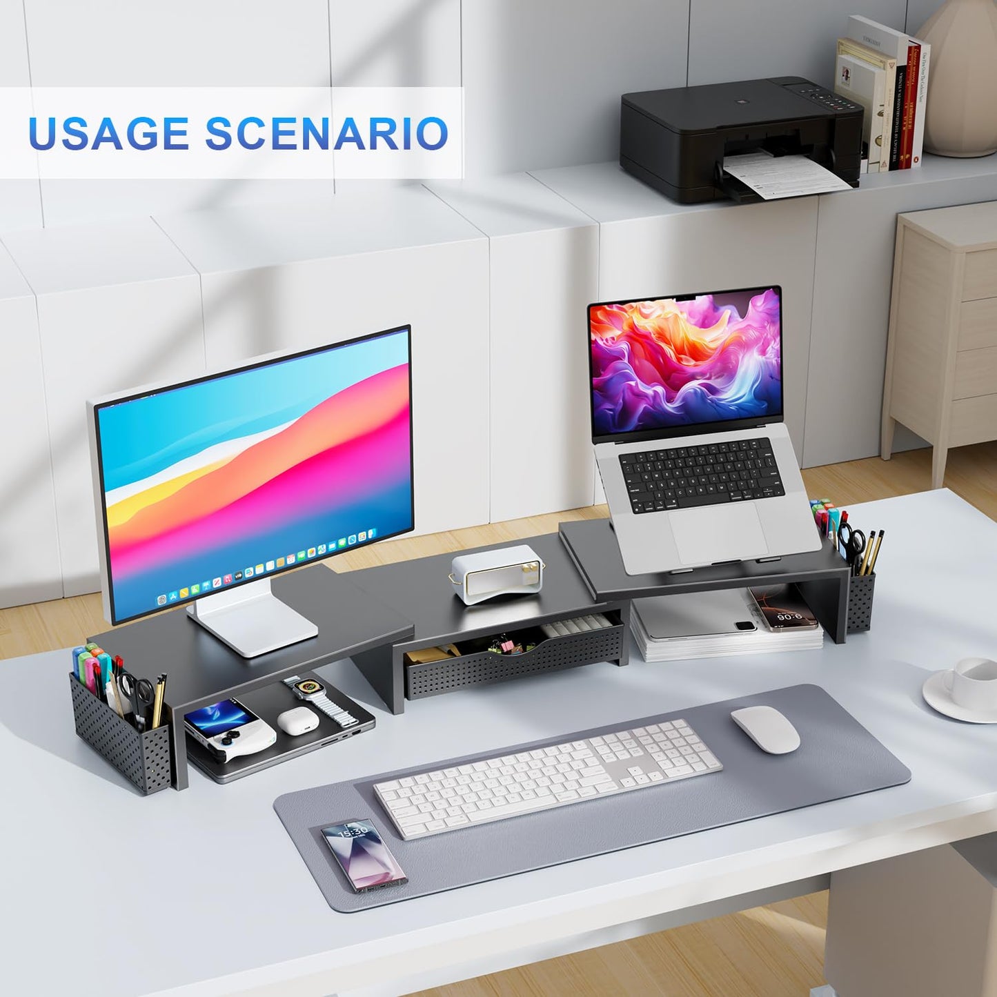 gianotter Dual Monitor Stand Riser, Desk Organizer With Drawer and 2 Pen Holders, Computer Monitor Stand, Desk Shelf for Top of Desk, Balck - 7DAY'S