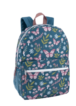 Girls 17 Inch Backpack with Front Zippered Pocket and Side Mesh Pocket for School, Camp, Hiking, Commuting and Travel in Butterfly Gardens