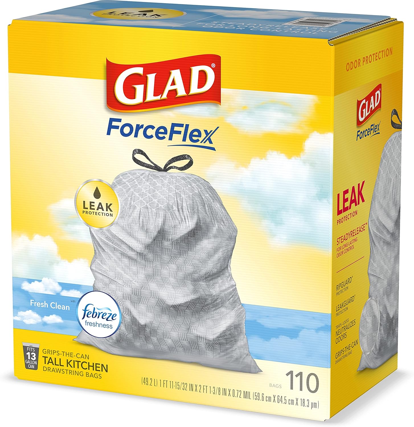 Glad ForceFlex Tall Kitchen Drawstring Trash Bags, 13 Gal, Gain Lemon Zest, 40 Ct (Package May Vary) - 7DAY'S