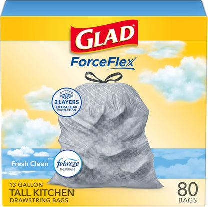 Glad ForceFlex Tall Kitchen Drawstring Trash Bags, 13 Gal, Gain Lemon Zest, 40 Ct (Package May Vary) - 7DAY'S