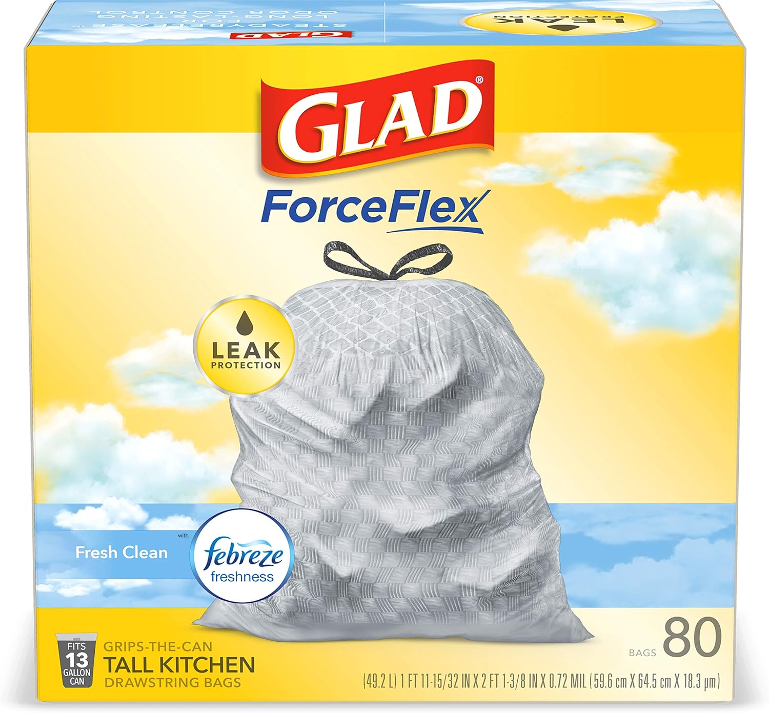 Glad ForceFlex Tall Kitchen Drawstring Trash Bags, 13 Gal, Gain Lemon Zest, 40 Ct (Package May Vary) - 7DAY'S