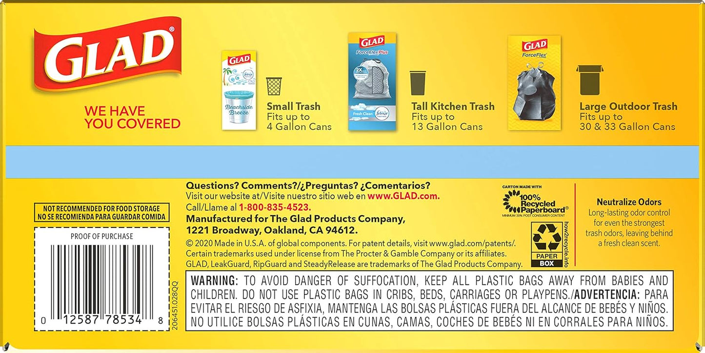 Glad ForceFlex Tall Kitchen Drawstring Trash Bags, 13 Gal, Gain Lemon Zest, 40 Ct (Package May Vary) - 7DAY'S
