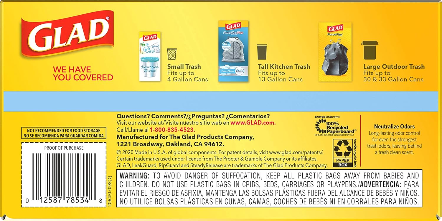 Glad ForceFlex Tall Kitchen Drawstring Trash Bags, 13 Gal, Gain Lemon Zest, 40 Ct (Package May Vary) - 7DAY'S