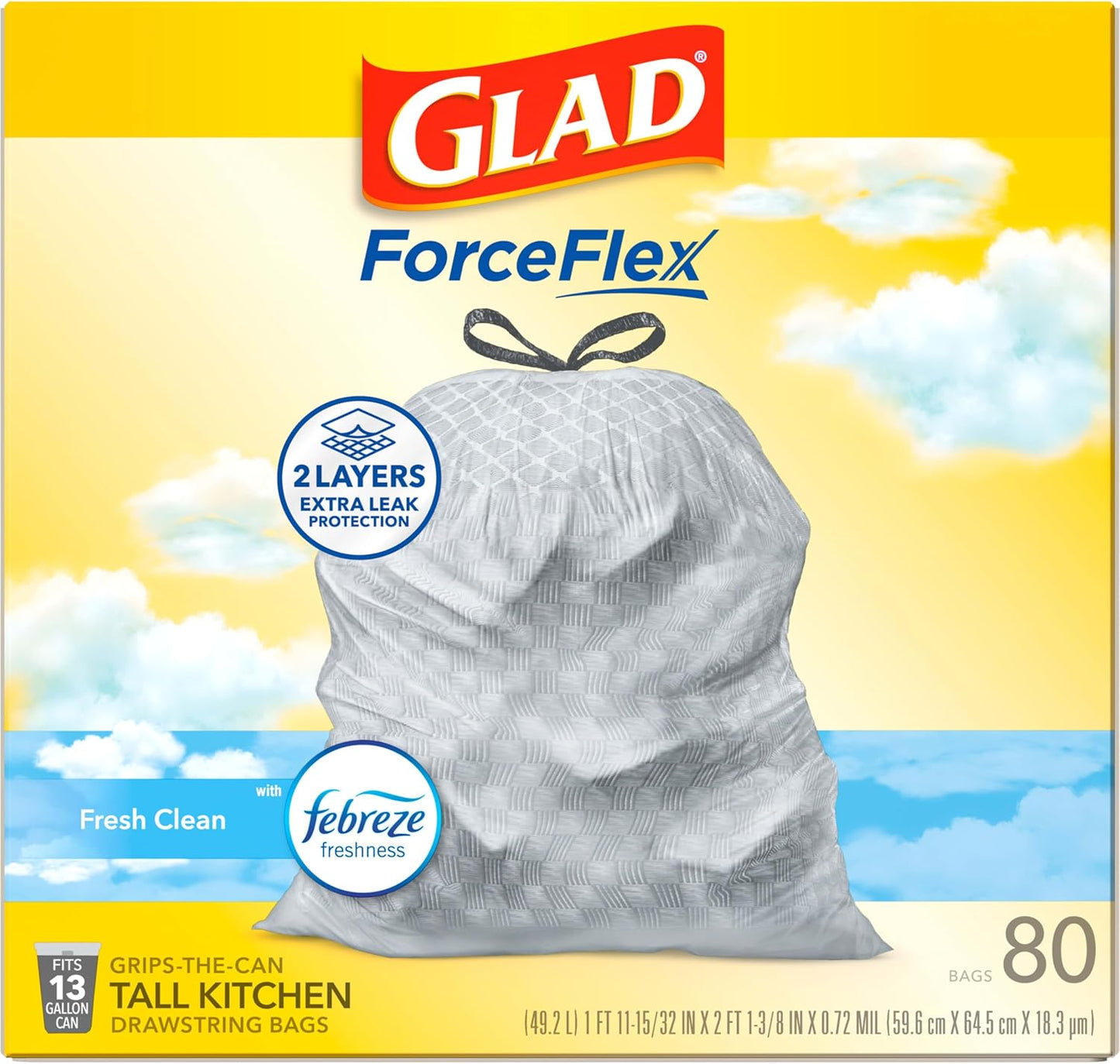 Glad ForceFlex Tall Kitchen Drawstring Trash Bags, 13 Gal, Gain Lemon Zest, 40 Ct (Package May Vary) - 7DAY'S