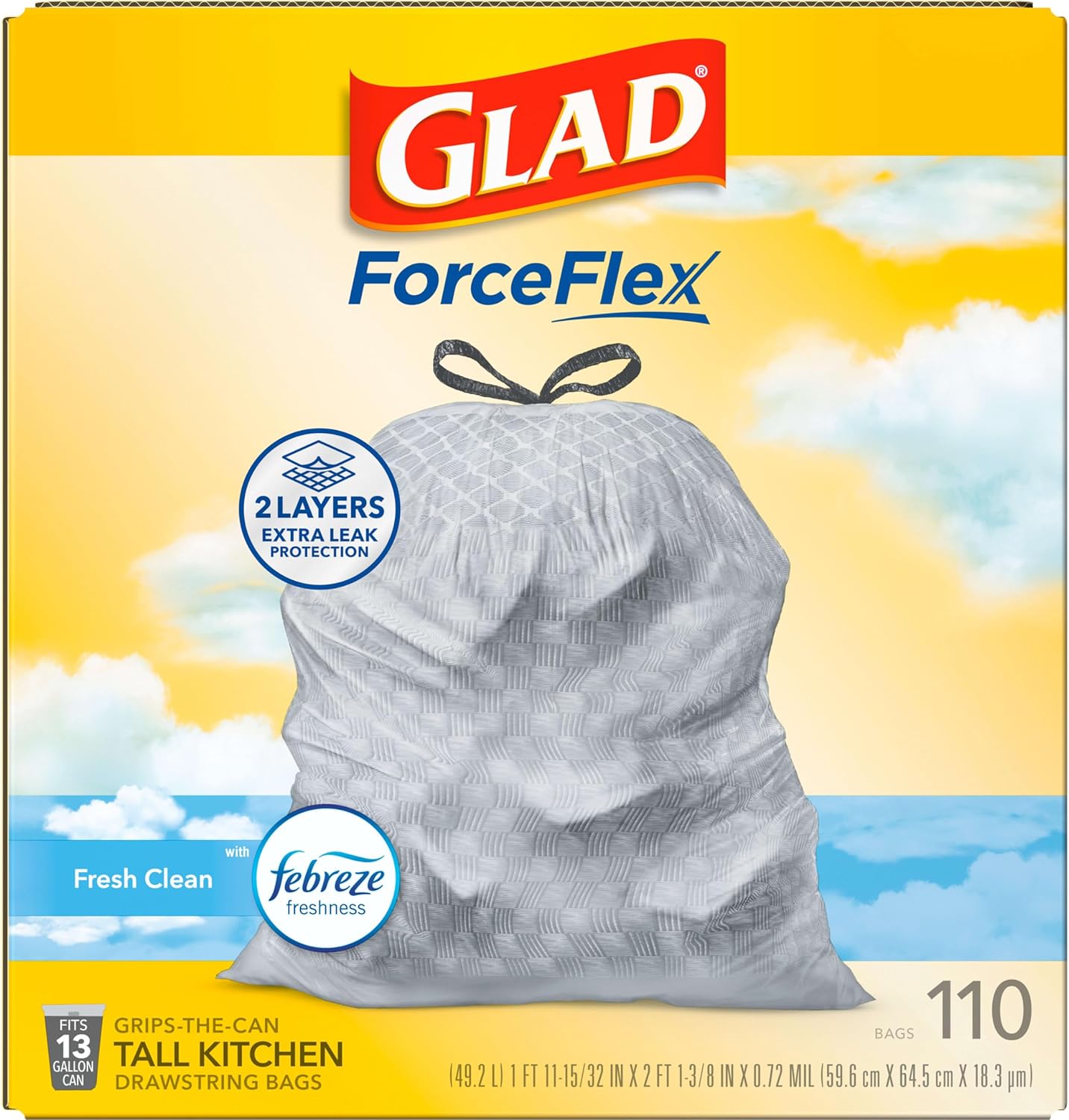 Glad ForceFlex Tall Kitchen Drawstring Trash Bags, 13 Gal, Gain Lemon Zest, 40 Ct (Package May Vary) - 7DAY'S