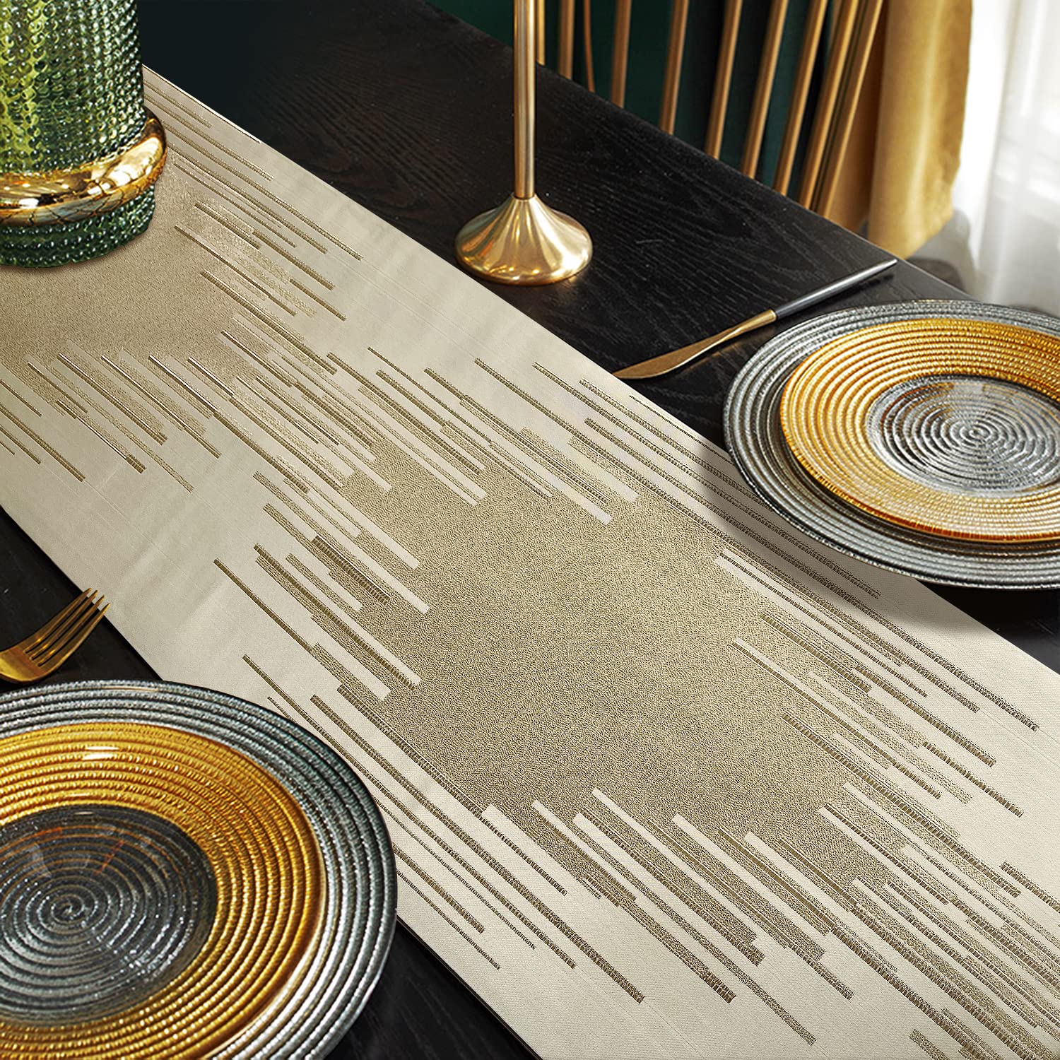 Glam Champagne Table Runner 13 x 98 Inches Long Double Layer Abstract Pattern with Luxury Tassel for Coffee Sofa Dresser Dining Table Fireplace Home Decor - 7DAY'S