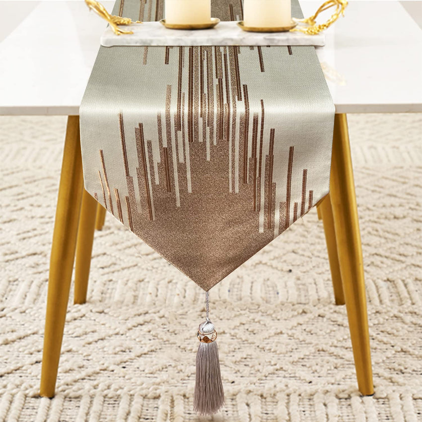 Glam Champagne Table Runner 13 x 98 Inches Long Double Layer Abstract Pattern with Luxury Tassel for Coffee Sofa Dresser Dining Table Fireplace Home Decor - 7DAY'S