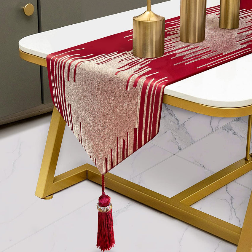 Glam Champagne Table Runner 13 x 98 Inches Long Double Layer Abstract Pattern with Luxury Tassel for Coffee Sofa Dresser Dining Table Fireplace Home Decor - 7DAY'S