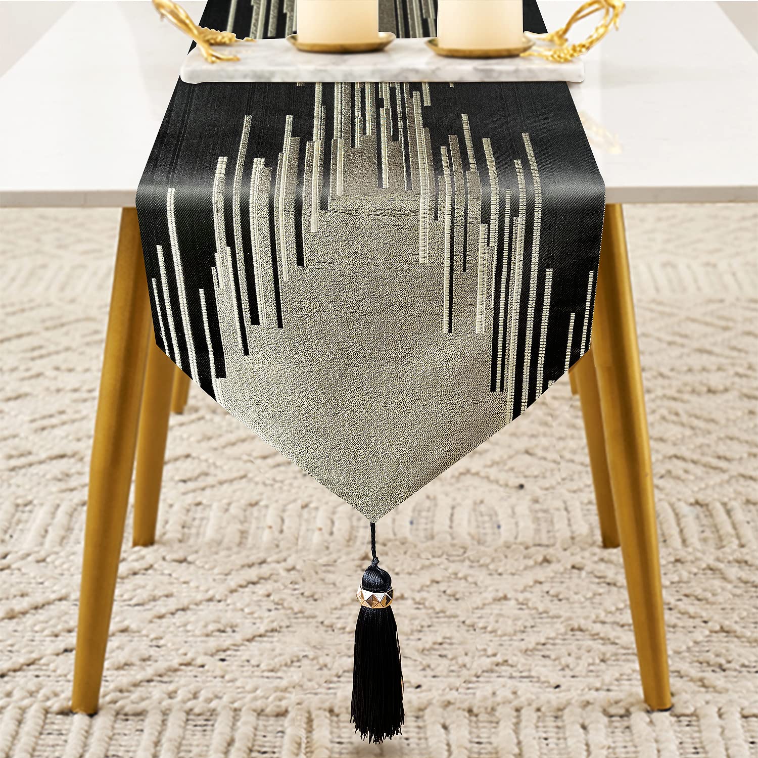 Glam Champagne Table Runner 13 x 98 Inches Long Double Layer Abstract Pattern with Luxury Tassel for Coffee Sofa Dresser Dining Table Fireplace Home Decor - 7DAY'S