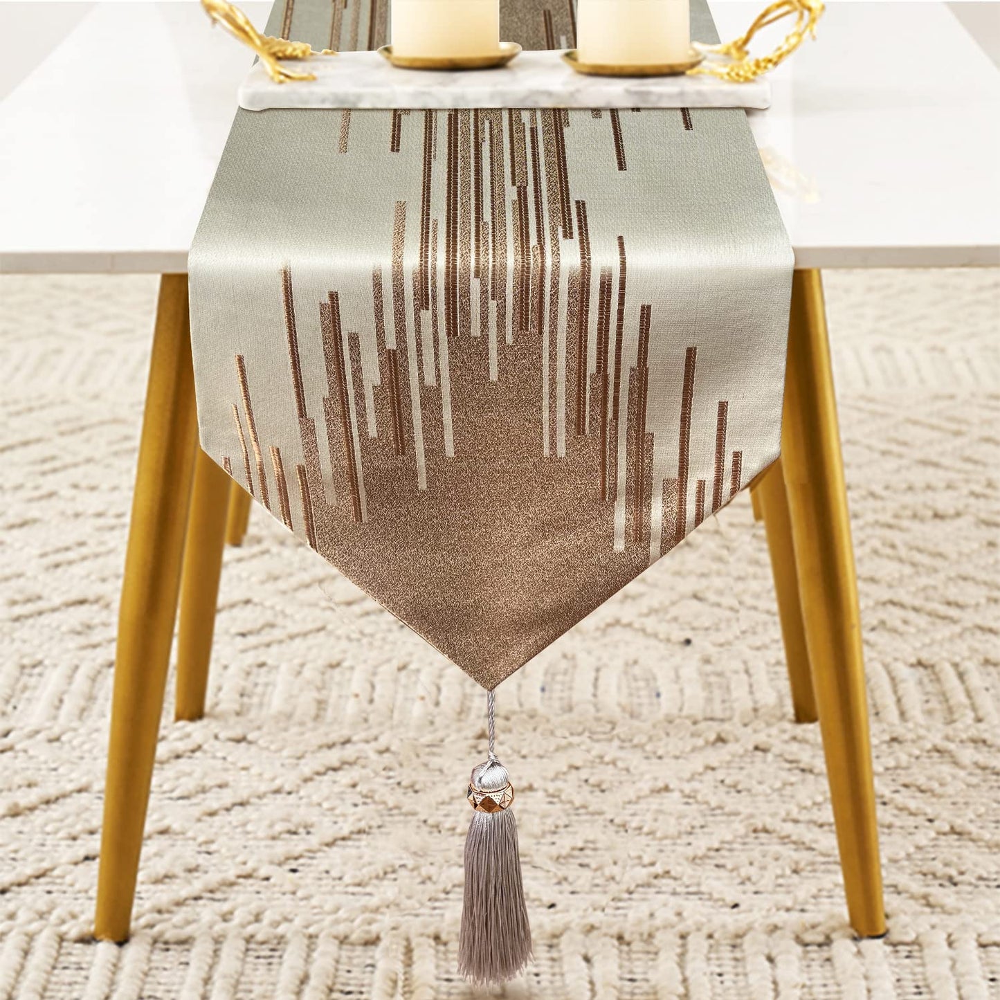 Glam Champagne Table Runner 13 x 98 Inches Long Double Layer Abstract Pattern with Luxury Tassel for Coffee Sofa Dresser Dining Table Fireplace Home Decor - 7DAY'S