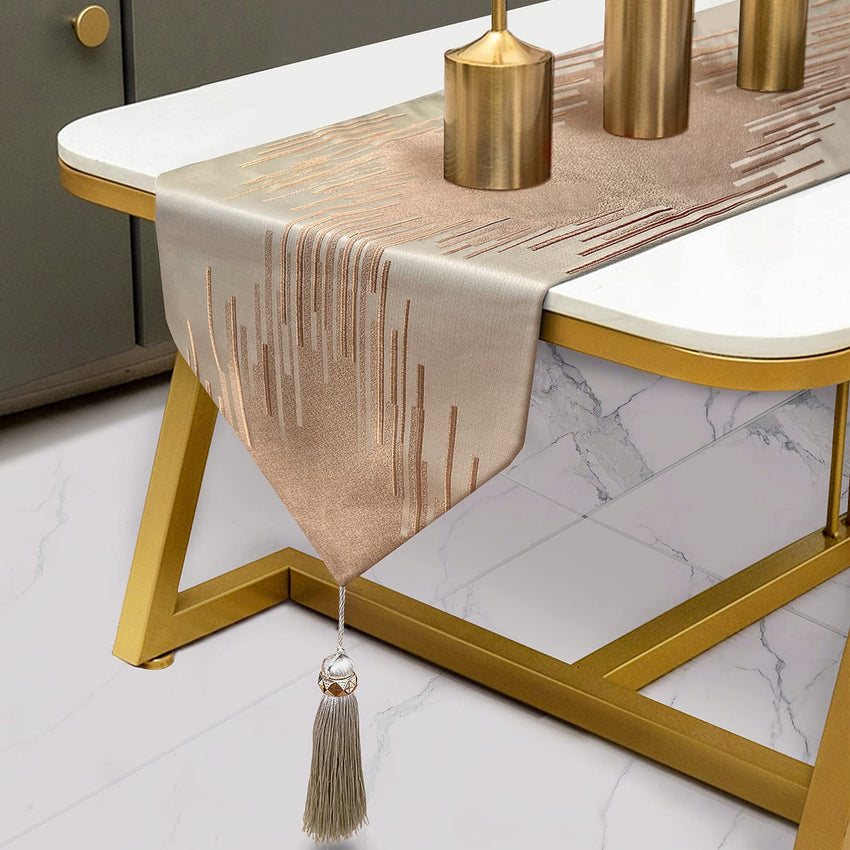 Glam Champagne Table Runner 13 x 98 Inches Long Double Layer Abstract Pattern with Luxury Tassel for Coffee Sofa Dresser Dining Table Fireplace Home Decor - 7DAY'S