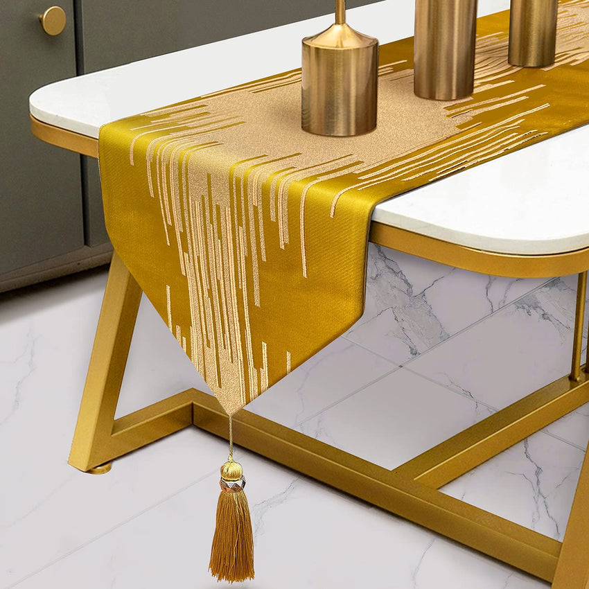 Glam Champagne Table Runner 13 x 98 Inches Long Double Layer Abstract Pattern with Luxury Tassel for Coffee Sofa Dresser Dining Table Fireplace Home Decor - 7DAY'S