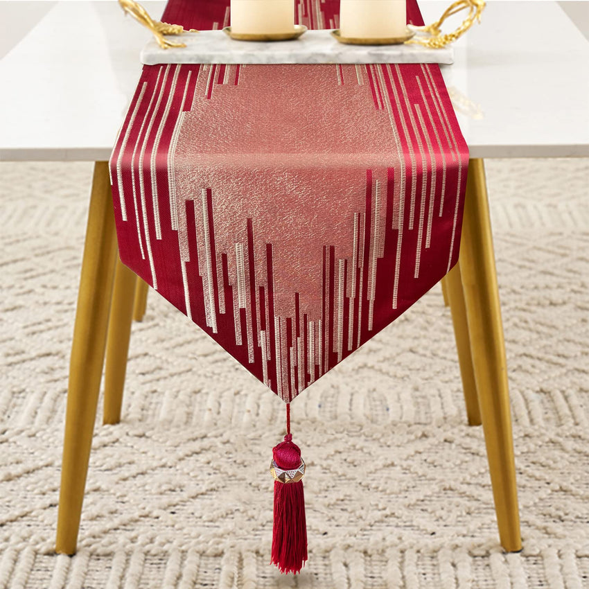 Glam Champagne Table Runner 13 x 98 Inches Long Double Layer Abstract Pattern with Luxury Tassel for Coffee Sofa Dresser Dining Table Fireplace Home Decor - 7DAY'S