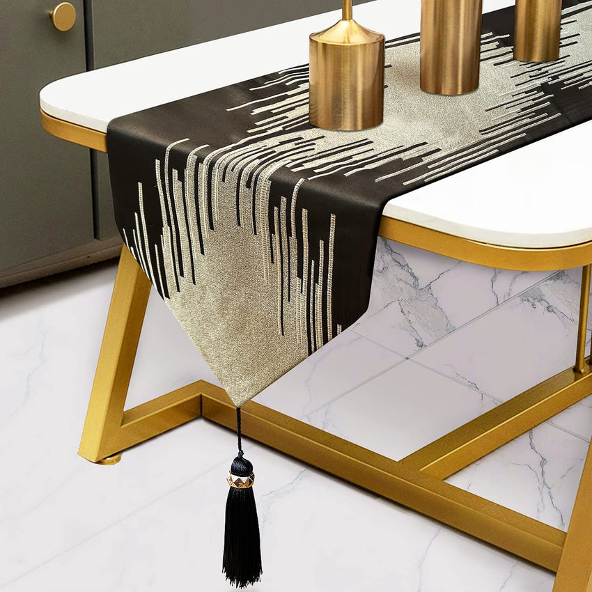 Glam Champagne Table Runner 13 x 98 Inches Long Double Layer Abstract Pattern with Luxury Tassel for Coffee Sofa Dresser Dining Table Fireplace Home Decor - 7DAY'S