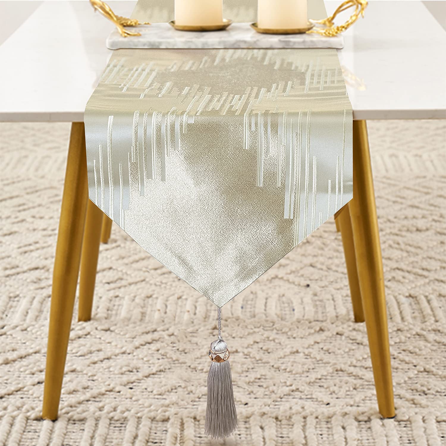 Glam Champagne Table Runner 13 x 98 Inches Long Double Layer Abstract Pattern with Luxury Tassel for Coffee Sofa Dresser Dining Table Fireplace Home Decor - 7DAY'S