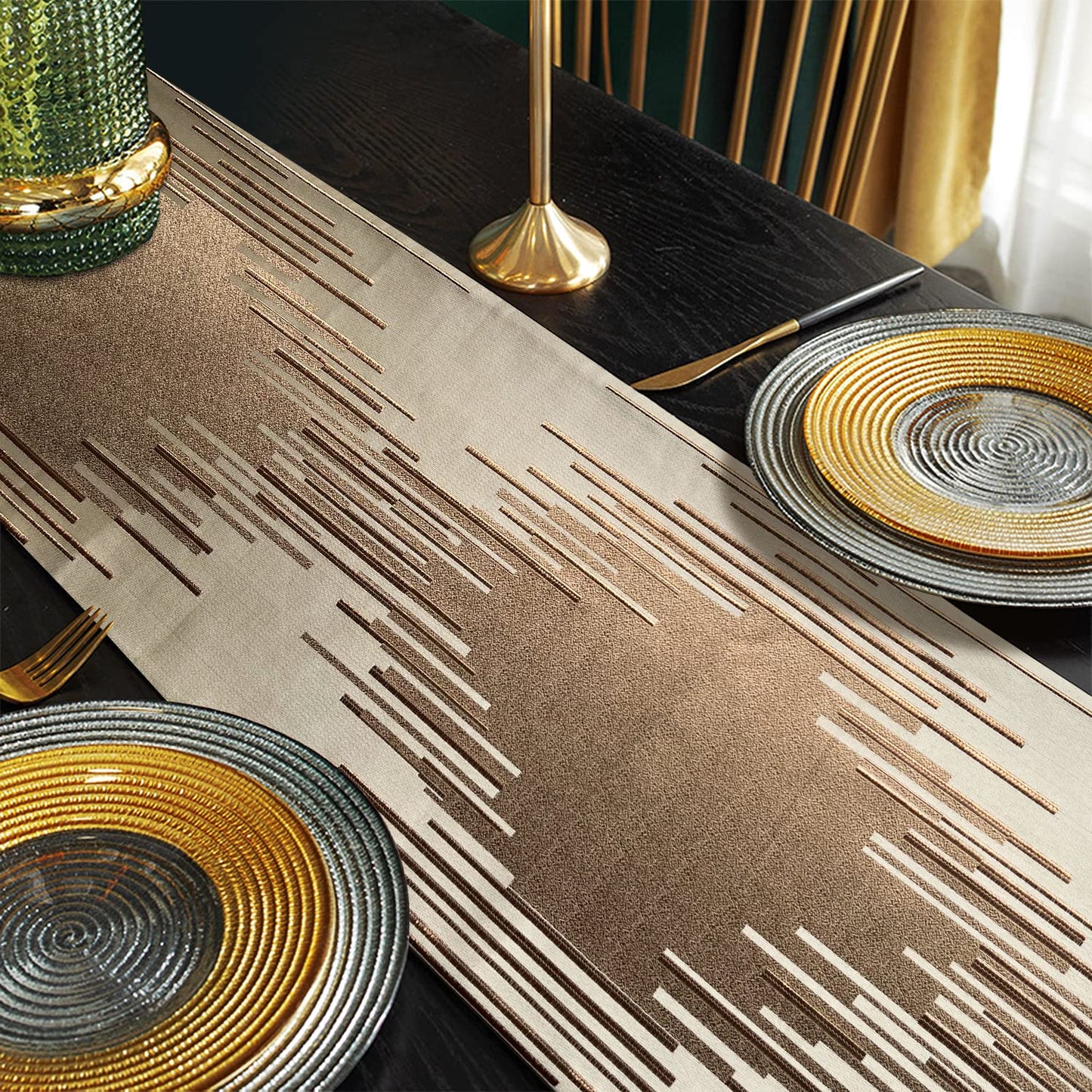 Glam Champagne Table Runner 13 x 98 Inches Long Double Layer Abstract Pattern with Luxury Tassel for Coffee Sofa Dresser Dining Table Fireplace Home Decor - 7DAY'S