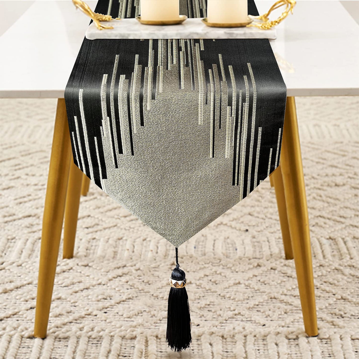 Glam Champagne Table Runner 13 x 98 Inches Long Double Layer Abstract Pattern with Luxury Tassel for Coffee Sofa Dresser Dining Table Fireplace Home Decor - 7DAY'S